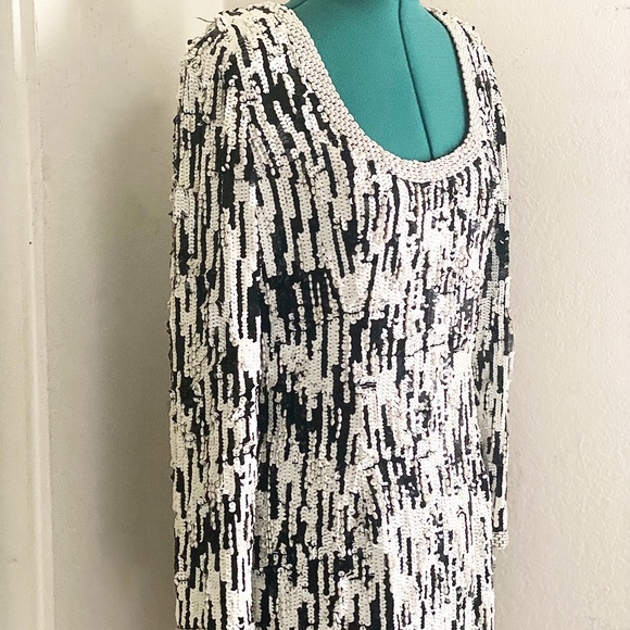 FRINGE NYE GEOMETRIC OLEG CASSINI BLACK TIE ART DECO PEARL DRESS SZ 8 - Picture 2 of 5